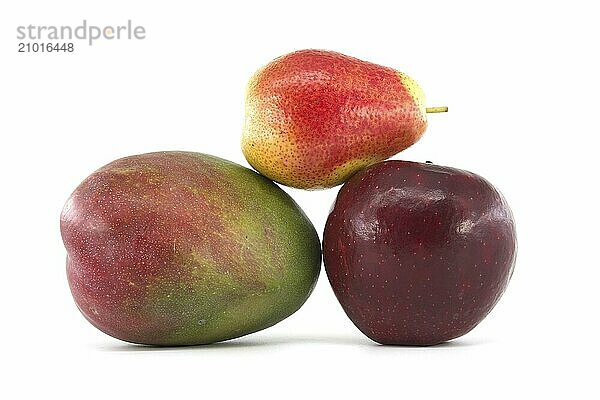 Fresh whole multicolored ripe mango  pears and red apple fruits isolated on white background. Vitamins juicy fruits