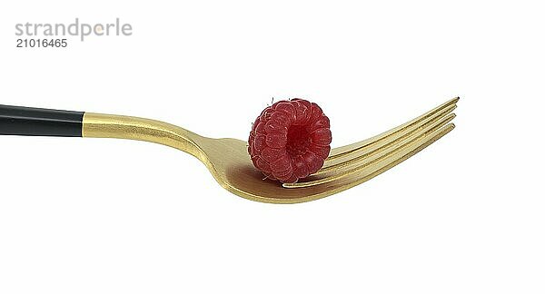 Red raspberry arranged on gold fork with a black handle  set against a white background  symbolizing a concept of healthy diet and organic food