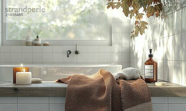 Scandinavian bathroom with autumn-colored towels and candles on the shelf AI generated