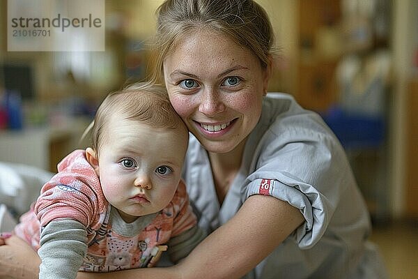 A mother and baby share a tender smile while bonding in a healthcare environment  AI generated