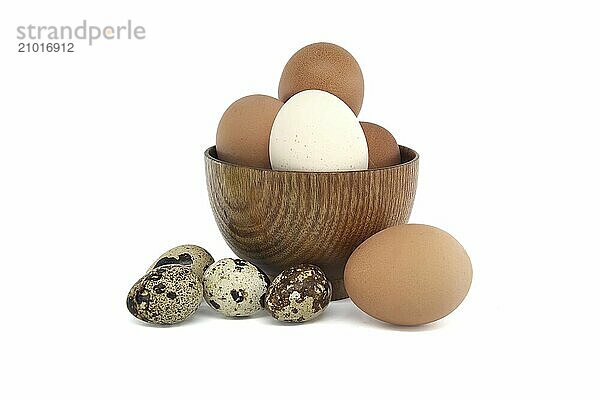 Larger brown eggs and smaller quail eggs isolated on white background