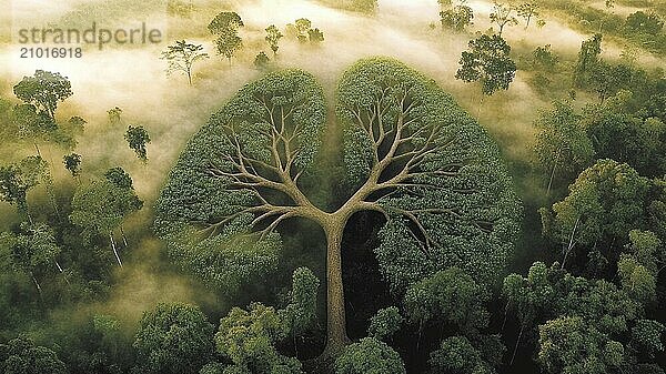 Aerial view of a tree in a forest  with a surreal shape resembling lungs  surrounded by mist  radiating calmness and inspiration  AI generated