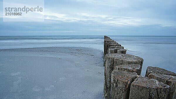 Groynes jutting into the sea. taken in zingst on the darss. the perspective is directed to the horizon