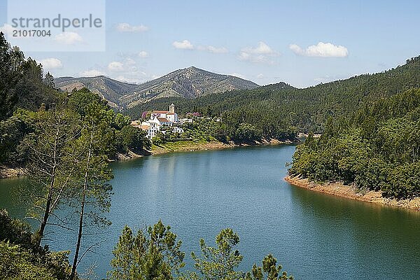 Dornes city and landscape panoramic view with Zezere river  in Portugal