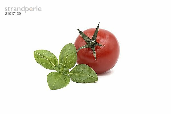 Fresh green basil leaves and cherry tomatoes isolated on white background