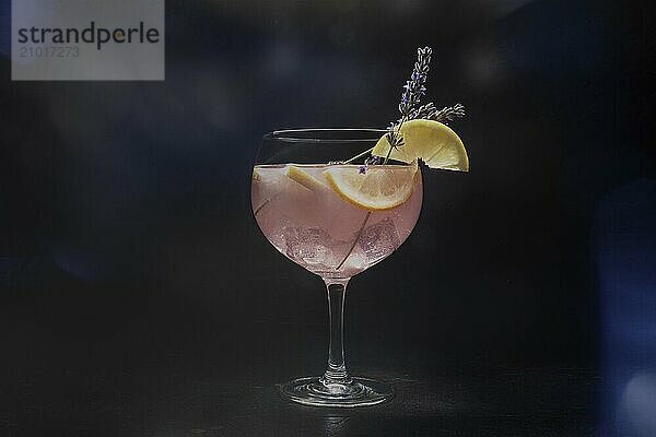 Fancy cocktail with fresh fruit. Gin and tonic drink with ice at a party  on a black background. Alcohol with lavender and lemon  toned image  Food photography