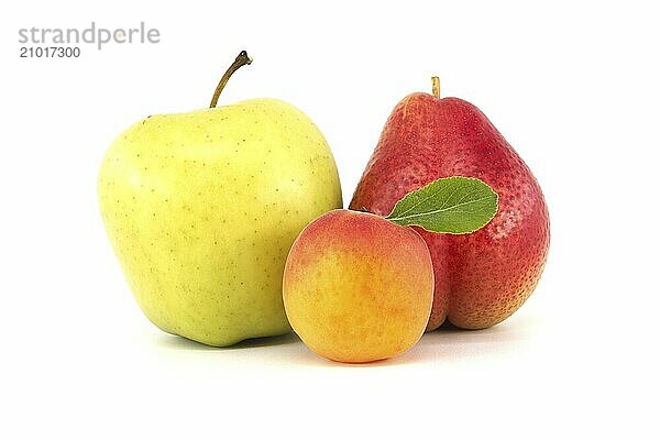 Ripe green apple  apricot and pear isolated on a white background