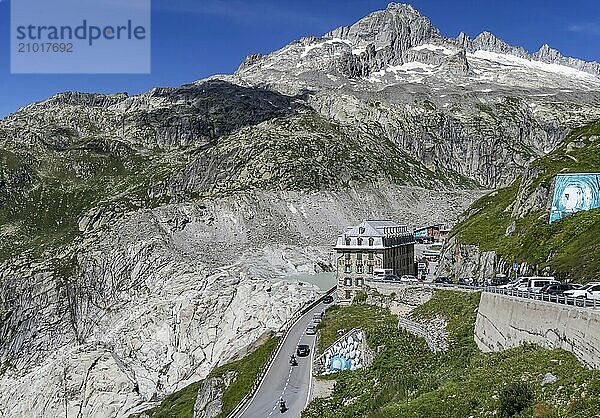 Hotel Belvédère on the Furka Pass  the most famous pass hotel in the world. The building is closed and falling into disrepair. A lost place. Drone photo. Obergoms  Canton Valais  Switzerland  Europe