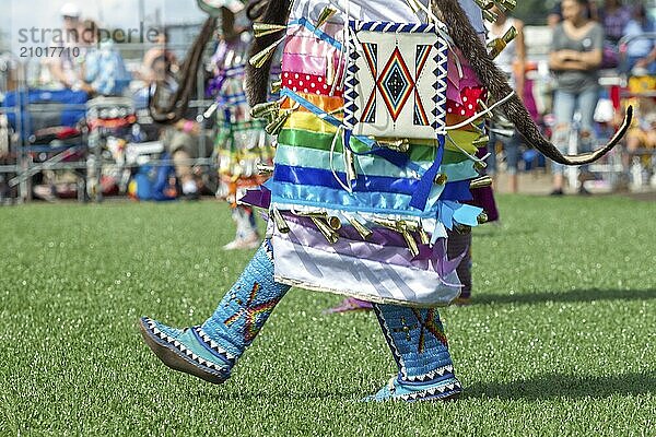 Close up image of the colorfully booted feet of native Americans during the Julyamsh Powwow in Coeur d'Alene  Idaho