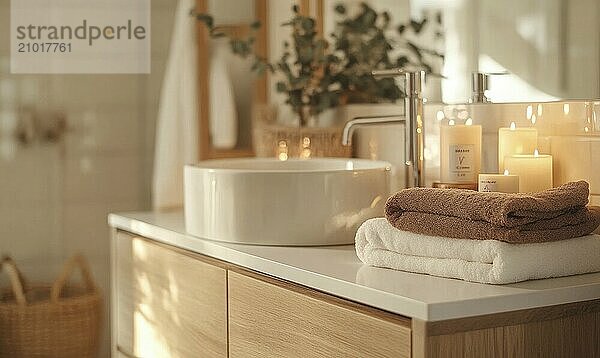 Scandinavian bathroom with autumn-colored towels and candles on the shelf AI generated