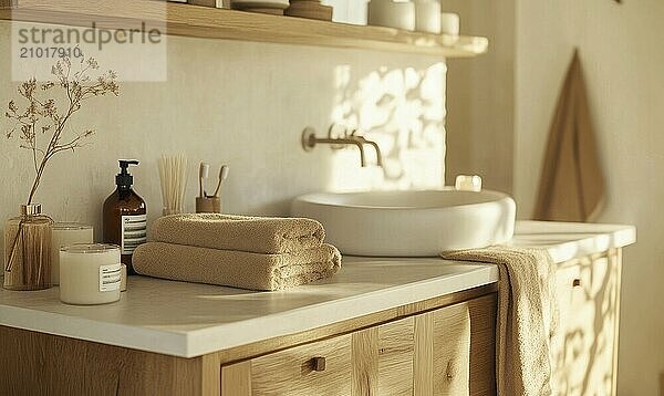 Scandinavian bathroom with autumn-colored towels and candles on the shelf AI generated