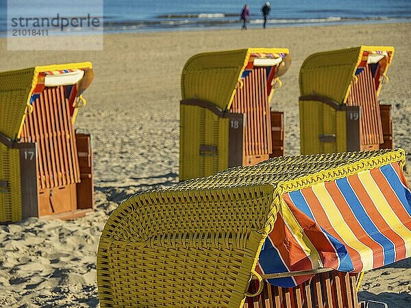 Several colourful beach chairs stand on the sunny sandy beach overlooking the sea  egmond aan zee  the netherlands