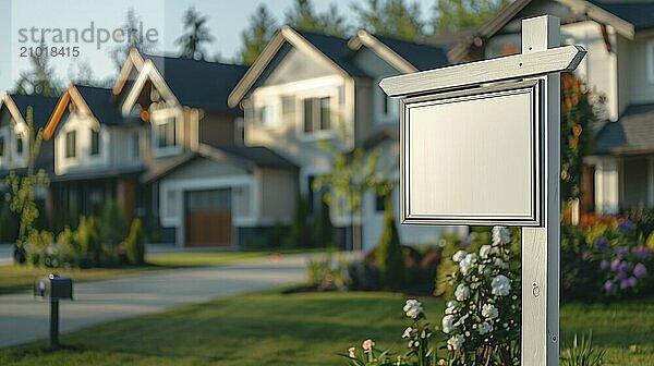 Blank real estate sign ready for your message in front of house. generative AI  AI generated