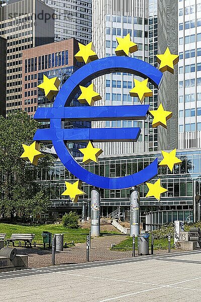 Euro sign symbolising Europe with banks High-rise buildings on Willy-Brandt-Platz in Frankfurt  Germany  Europe