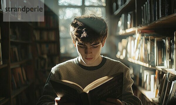 Portrait of a young man with short brown hair  focused on reading a book AI generated