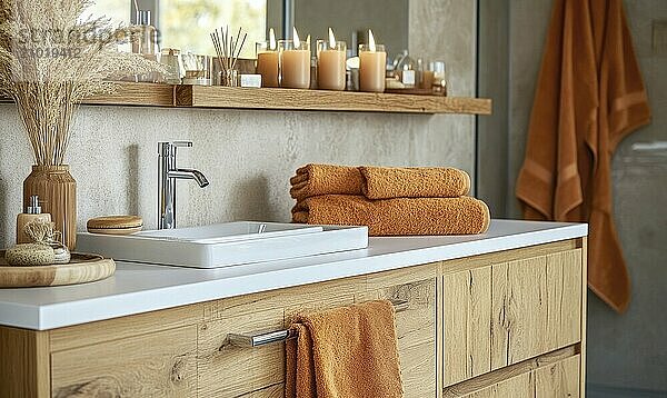 Scandinavian bathroom with autumn-colored towels and candles on the shelf AI generated