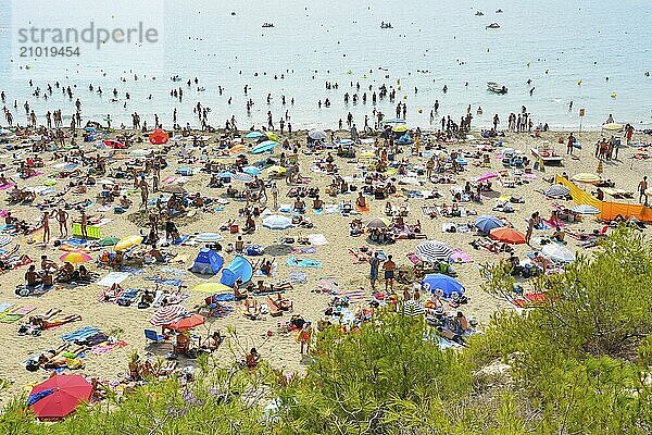 A crowded beach with many people sunbathing and swimming  colorful umbrellas and the sea in the background  Summer  Plage de Sainte Croix  La Couronne  Martigues  Cote Bleue  Mediterranean Sea  Provence Alpes Cote d Azur  Bouches du Rhone  France  Europe