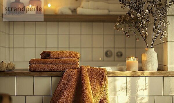 Scandinavian bathroom with autumn-colored towels and candles on the shelf AI generated