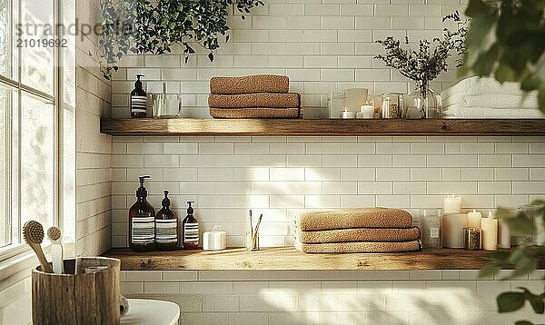 Scandinavian bathroom with autumn-colored towels and candles on the shelf AI generated