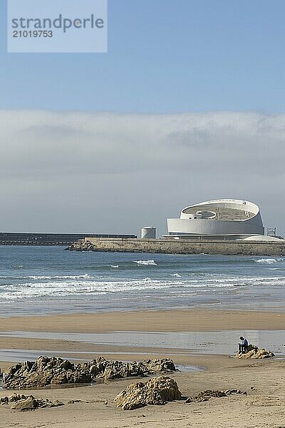 Praia de Matosinhos beach  in the background the Porto Leixões Cruise Terminal in Matosinhos  Norte region  Porto district  Portugal  Europe