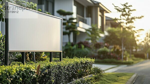 Blank real estate sign ready for your message in front of house. generative AI  AI generated