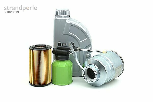 Motor oil filters  hand pump oiler and oil container isolated on a white background. Oil and filter replacing maintenance or car servicing