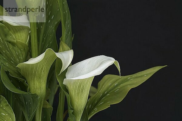 White calla lilies with a green leaves contrasting with the dark background  free copy space for text