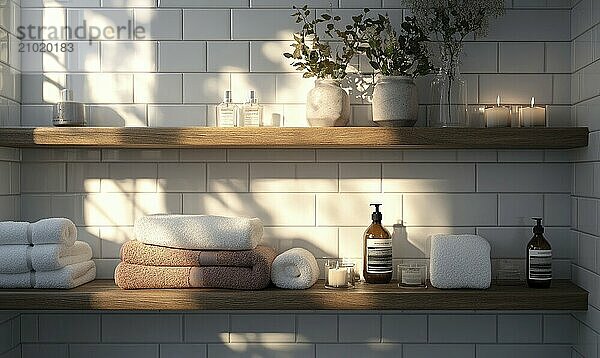 Scandinavian bathroom with autumn-colored towels and candles on the shelf AI generated