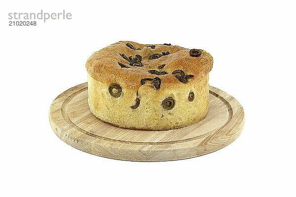 Round focaccia bread with olives isolated on white background