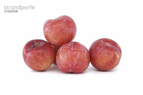 Four crimson plums arranged against a white background