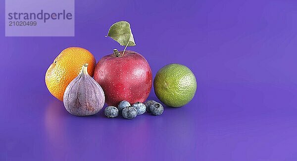 Vibrant scene of fruits with fig  apple  blueberries  lime and orange over purple background. Banner size image with free space for text and full depth of field