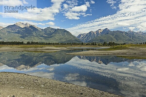 The calm kicking horse reservoir with the mission mountains in the Ninepipes area of western Montana