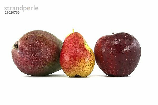 Fresh whole multicolored ripe mango  pears and red apple fruits isolated on white background