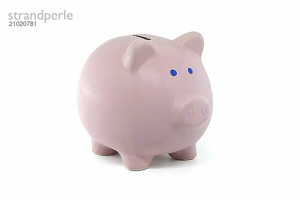 Piggy bank  which has blue eyes and a pink nose isolated on a white background