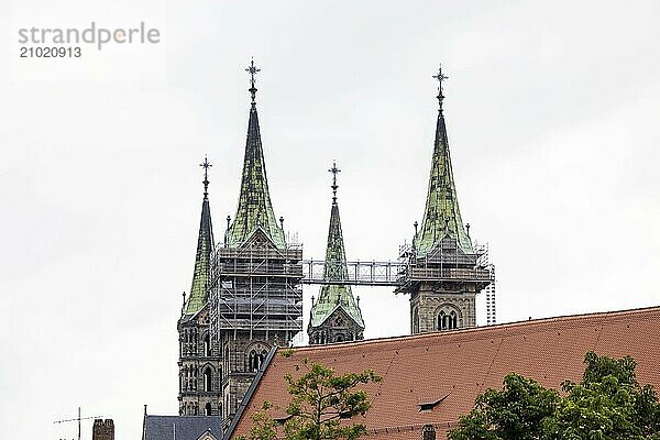 City view  construction work with scaffolding at St Michael's Church  Michaelsberg Bamberg  Upper Franconia  Bavaria