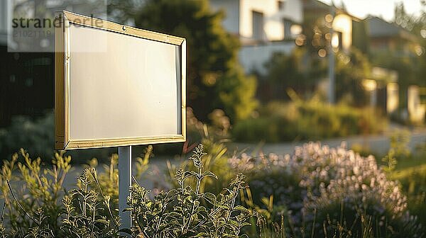 Blank real estate sign ready for your message in front of house. generative AI  AI generated