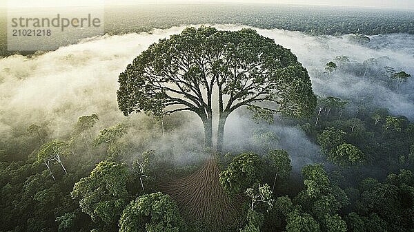 High-perspective view of a solitary tree amidst a foggy forest in the morning light  AI generated