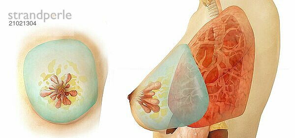 Medical illustration of female breast  front and side view