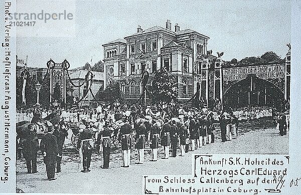 Historical  digitally restored reproduction from a 19th century original  Record date not stated  Postcard on the occasion of the arrival of Duke Carl Eduard of Callenberg Castle  1905  at the railway station square in Coburg  Upper Franconia  Bavaria  Germany  Europe