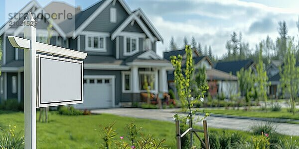 Blank real estate sign ready for your message in front of house. generative AI  AI generated