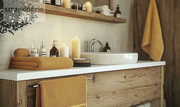 Scandinavian bathroom with autumn-colored towels and candles on the shelf AI generated