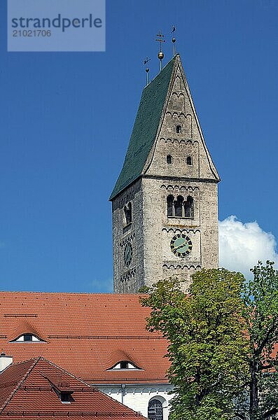 Church tower with clock  St Martin's parish church  Obergünzburg  Allgäu  Bavaria  Germany  Europe