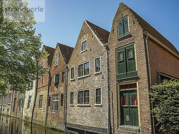 Historic brick houses with green doors along a canal on a sunny day  alkmaar  the netherlands