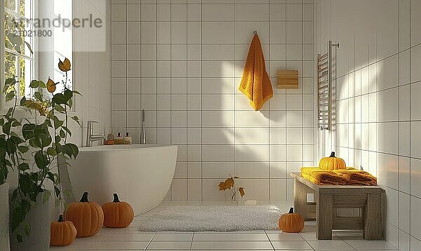 Scandinavian bathroom with autumn-colored towels and candles on the shelf AI generated