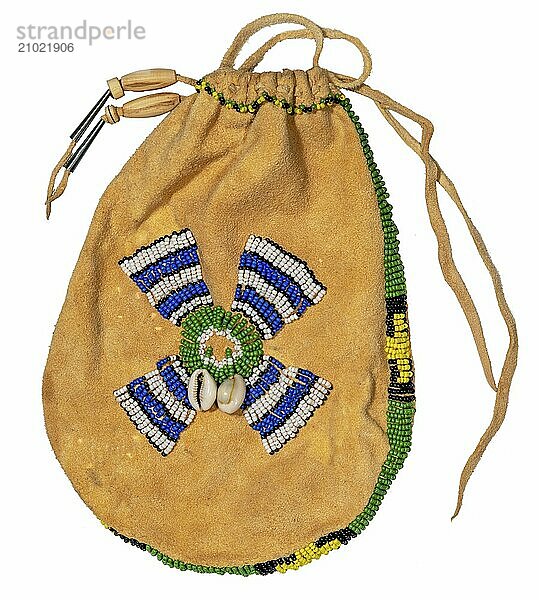 Bag of the North American Indians. Made from deerskin embroidered with colourful glass beads and leather cords on a white background