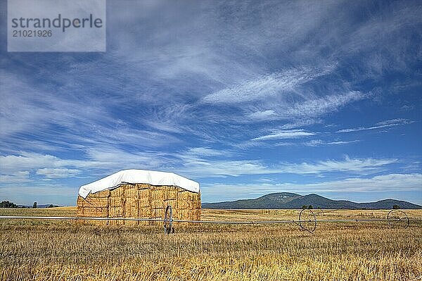 A large haystack in the Rathdrum Prairie under a rich partly cloudy blue sky in North Idaho