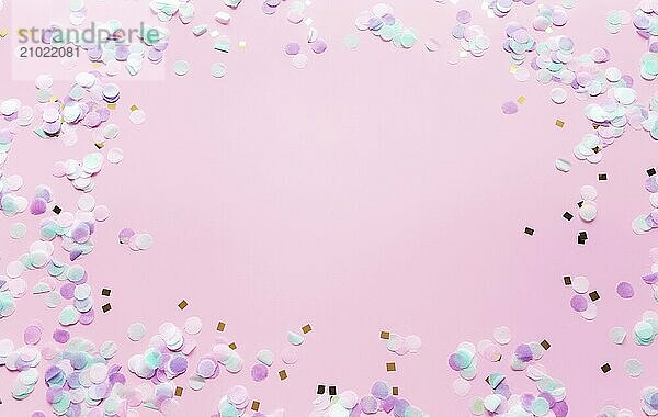 Greeting or invitation card for wedding or birthday with glitter and confetti on pink background.