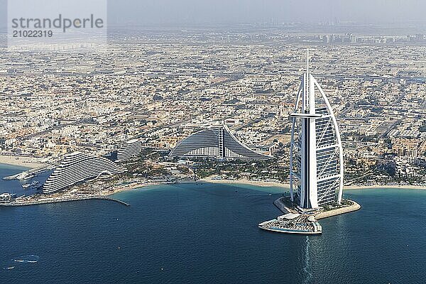 Dubai Burj Al Arab luxury hotel aerial view aerial view by the sea from above in Dubai  United Arab Emirates  Asia