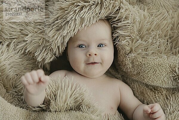 Cute happy smiling baby girl lying on beige blanket  looking at camera. Top view on little infant on bed covered with plaid  rug. Kid looks excited  amused expression  close-up. Child three months old