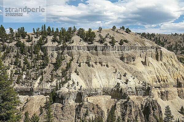 The basalt columns on the steep slopes of Yellowstone Canyon as seen from Calcite Springs Overlook in Yellowstone National Park